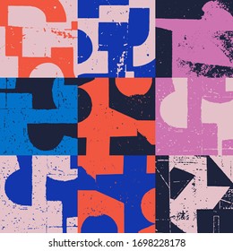 New grunge aesthetics in abstract pattern design composition. Brutalist inspired vector graphics collage made with simple geometric shapes and offset textures, useful for poster art and digital print.