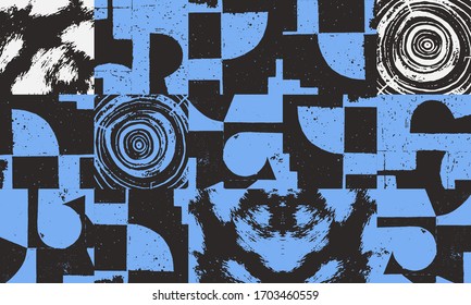 New grunge aesthetics in abstract pattern design composition. Brutalist inspired vector graphics collage made with simple geometric shapes and offset textures, useful for poster art and digital print.