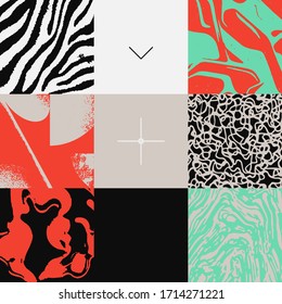 New grunge aesthetics in abstract pattern design composition. Brutalist inspired vector graphics collage made with simple geometric shapes and offset textures, useful for poster art and digital print.
