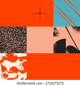 New grunge aesthetics in abstract pattern design composition. Brutalist inspired vector graphics collage made with simple geometric shapes and offset textures, useful for poster art and digital print.