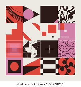 New grunge aesthetics in abstract pattern design composition. Brutalist inspired vector graphics collage made with simple geometric shapes and offset textures, useful for poster art and digital print.