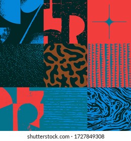 New grunge aesthetics in abstract pattern design composition. Brutalist inspired vector graphics collage made with simple geometric shapes and offset textures, useful for poster art and digital print.