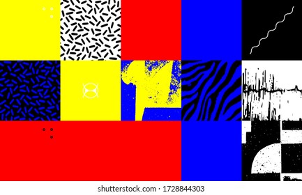 New grunge aesthetics in abstract pattern design composition. Brutalist inspired vector graphics collage made with simple geometric shapes and offset textures, useful for poster art and digital print.