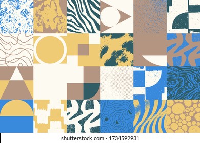 New grunge aesthetics in abstract pattern design composition. Brutalist inspired vector graphics collage made with simple geometric shapes and offset textures, useful for poster art and digital print.