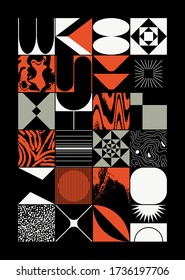 New grunge aesthetics in abstract pattern design composition. Brutalist inspired vector graphics collage made with simple geometric shapes and offset textures, useful for poster art and digital print.