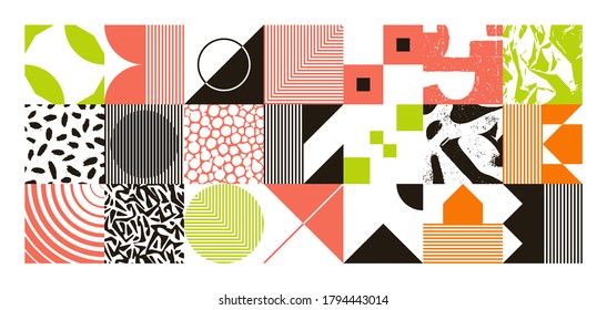 New grunge aesthetics in abstract pattern design composition. Brutalist inspired vector graphics collage made with simple geometric shapes and offset textures, useful for poster art and digital print.