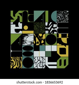 New grunge aesthetics in abstract pattern design composition. Brutalist inspired vector graphics collage made with simple geometric shapes and offset textures, useful for poster art and digital print.