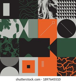 New grunge aesthetics in abstract pattern design composition. Brutalist inspired vector graphics collage made with simple geometric shapes and offset textures, useful for poster art and digital print.