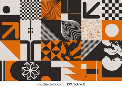 New grunge aesthetics in abstract pattern design composition. Brutalist inspired vector graphics collage made with simple geometric shapes and offset textures, useful for poster art and digital print.