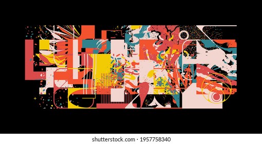 New Grunge Aesthetics In Abstract Pattern Design Composition. Brutalist Inspired Vector Graphics Collage Made With Simple Geometric Shapes And Offset Textures, Useful For Poster Art And Digital Print.