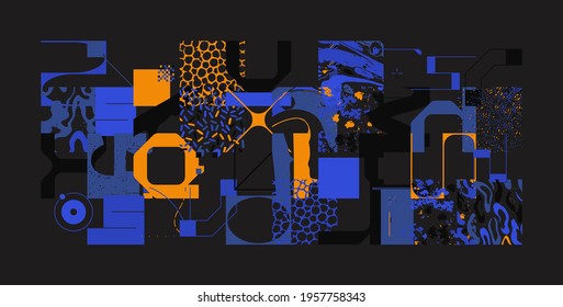 New grunge aesthetics in abstract pattern design composition. Brutalist inspired vector graphics collage made with simple geometric shapes and offset textures, useful for poster art and digital print.