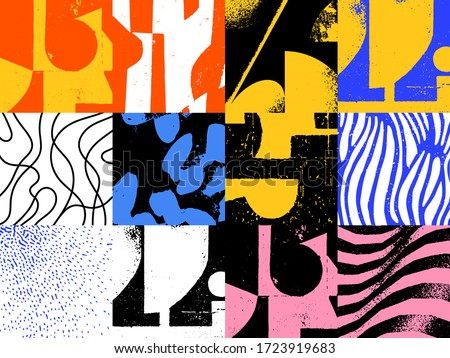 New grunge aesthetics in abstract pattern design composition. Brutalist inspired vector graphics collage made with simple geometric shapes and offset textures, useful for poster art and digital print.