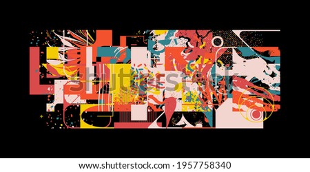 New grunge aesthetics in abstract pattern design composition. Brutalist inspired vector graphics collage made with simple geometric shapes and offset textures, useful for poster art and digital print.