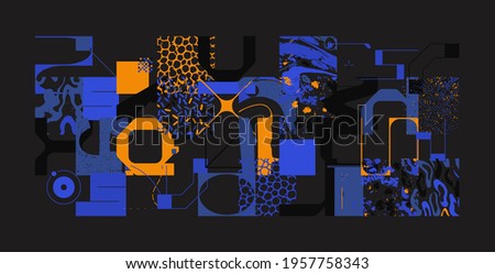 New grunge aesthetics in abstract pattern design composition. Brutalist inspired vector graphics collage made with simple geometric shapes and offset textures, useful for poster art and digital print.
