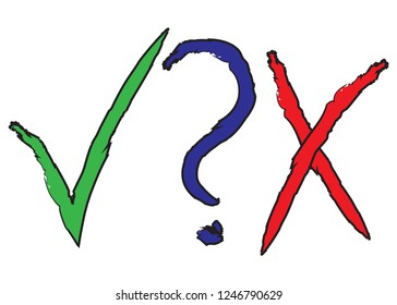 New grunge stroke tick, cross and question marks. Brush check signs OK and X and quire icons isolated on white.New brush marks graphic design Symbols YES and NO button for vote, decision, web. EPS 10