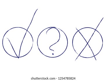 New grunge stroke tick, cross and question marks. Brush check signs OK and X and quire icons isolated on white.New brush marks graphic design Symbols YES and NO button for vote, decision, web. EPS 10