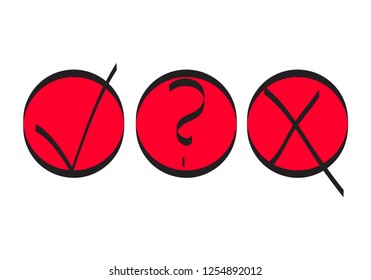 New grunge stroke tick, cross and question marks. Brush check signs OK and X and quire icons isolated on white.New brush marks graphic design Symbols YES and NO button for vote, decision, web. EPS 10