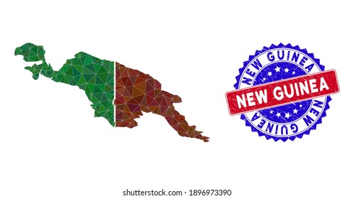New Guinea countries map polygonal mesh with filled triangles, and rubber bicolor rubber seal. Triangle mosaic New Guinea countries map with triangular vector model, triangles have different sizes,