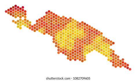 New Guinea Countries map. Vector hexagon geographic map using fire color tones. Impressive New Guinea Countries map collage is organized with orange hexagon dots.