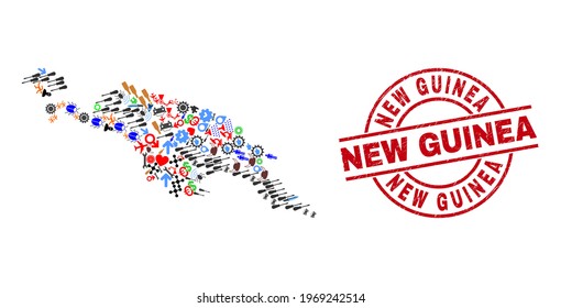 New Guinea map collage and unclean New Guinea red circle stamp print. New Guinea seal uses vector lines and arcs. New Guinea map collage includes gears, houses, showers, bugs, stars,