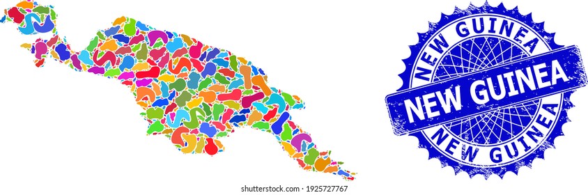Plantilla de mapa de Nueva Guinea. Mapa de mosaicos de bolas y estampado angustiado para Nueva Guinea. Sello azul rosetón con etiqueta para el mapa de Nueva Guinea.