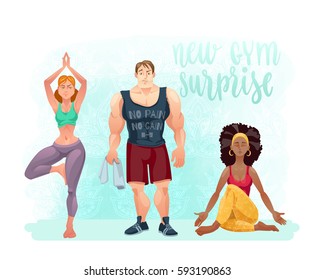 New Gym Surprise.  Cartoon bodybuilder and girls in yoga poses. Funny fitness characters. Decorative Isolated vector illustration. 
