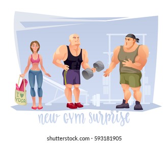 New Gym Surprise. Yoga girl and bodybuilders. Funny cartoon fitness characters. Decorative Isolated vector illustration. 