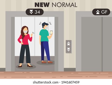 New habit vectors in the elevator during the pandemic, keep your distance so you don't catch the coronavirus, for background, banner and display corona19