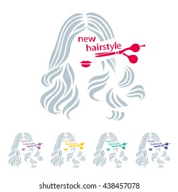 New hairstyle. Hairstyle sign. Beautiful woman having her hair cut by hairdresser scissors. Vector illustration.