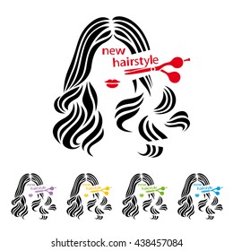 New hairstyle. Hairstyle sign. Beautiful woman having her hair cut by hairdresser scissors. Vector illustration.