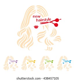 New hairstyle. Hairstyle sign. Beautiful woman having her hair cut by hairdresser scissors. Vector illustration.