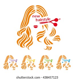 New hairstyle. Hairstyle sign. Beautiful woman having her hair cut by hairdresser scissors. Vector illustration.