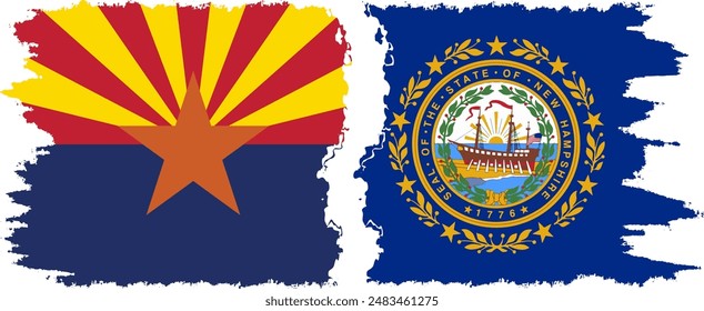 New Hampshire and Arizona states grunge brush flags connection, vector