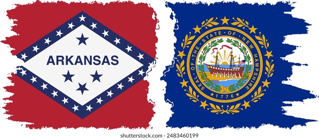 New Hampshire and Arkansas states grunge brush flags connection, vector