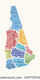 New Hampshire counties word cloud. State logo design. Counties typography style vector image. New Hampshire colored text cloud. Creative vector illustration.