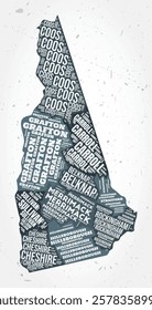 New Hampshire counties word clouds. State shape on textured background. New Hampshire design in typographic style. Elegant vector illustration.