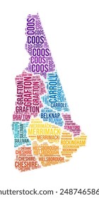 New Hampshire county word cloud. State shape design. New Hampshire colored illustration. County names collage cloud. Vector illustration.