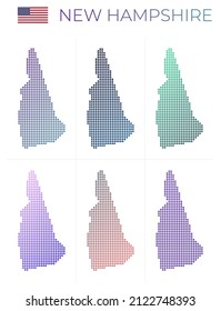 Neues Hampshire gepunktetes Kartenset. Karte von New Hampshire im gepunkteten Stil. Die Grenzen des uns Zustands gefüllt mit schönen glatten Farbkreisen. Klassische Vektorgrafik.