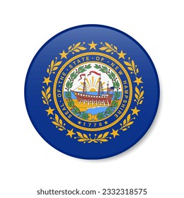 New Hampshire flag circle button icon, US state round badge with shadow. 3D realistic vector illustration isolated on white.