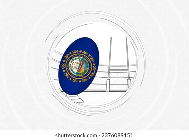 New Hampshire flag on rugby ball, lined circle rugby icon with ball in a crowded stadium. Vector sport emblem on abstract background.