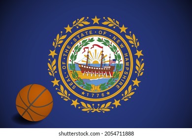 New Hampshire flag with realistic basketball ball, vector