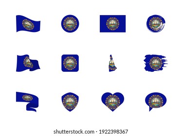 New Hampshire - flat collection of US states flags. Flags of twelve flat icons of various shapes. Set of vector illustrations