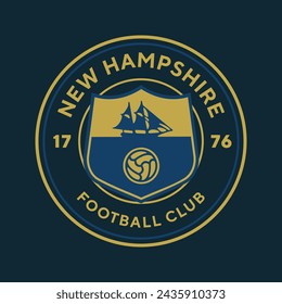 New Hampshire football club, USA. Soccer club emblem. Football badge shield logo, soccer ball team game club elements.