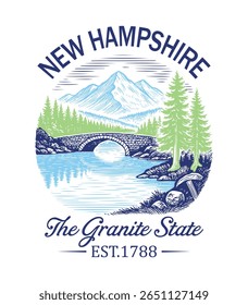 New Hampshire The Granite State - US State Vintage T-shirt Vector, USA States Cityscape Landmark Icons, American State Typography Shirt, USA Skyline Clipart, Retro travel city illustration