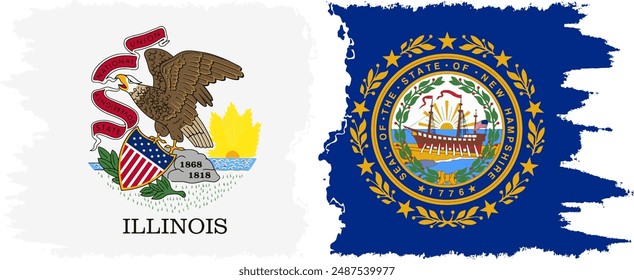 New Hampshire and Illinois states grunge brush flags connection, vector