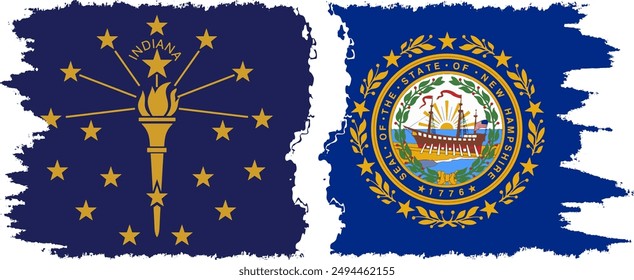 New Hampshire and Indiana states grunge brush flags connection, vector