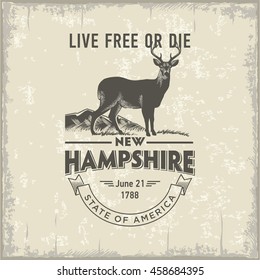 New Hampshire Live Free or Die, stylized emblem of the state of America, deer, vintage