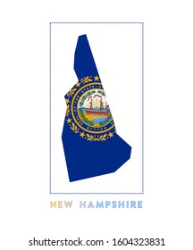 New Hampshire Logo. Map of New Hampshire with US state name and flag. Vibrant vector illustration.