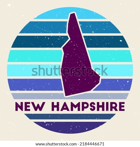 New Hampshire logo. Sign with the map of US state and colored stripes, vector illustration. Can be used as insignia, logotype, label, sticker or badge of New Hampshire.