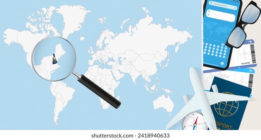 New Hampshire is magnified over a World Map, illustration with airplane, passport, boarding pass, compass and eyeglasses. Vector illustration.